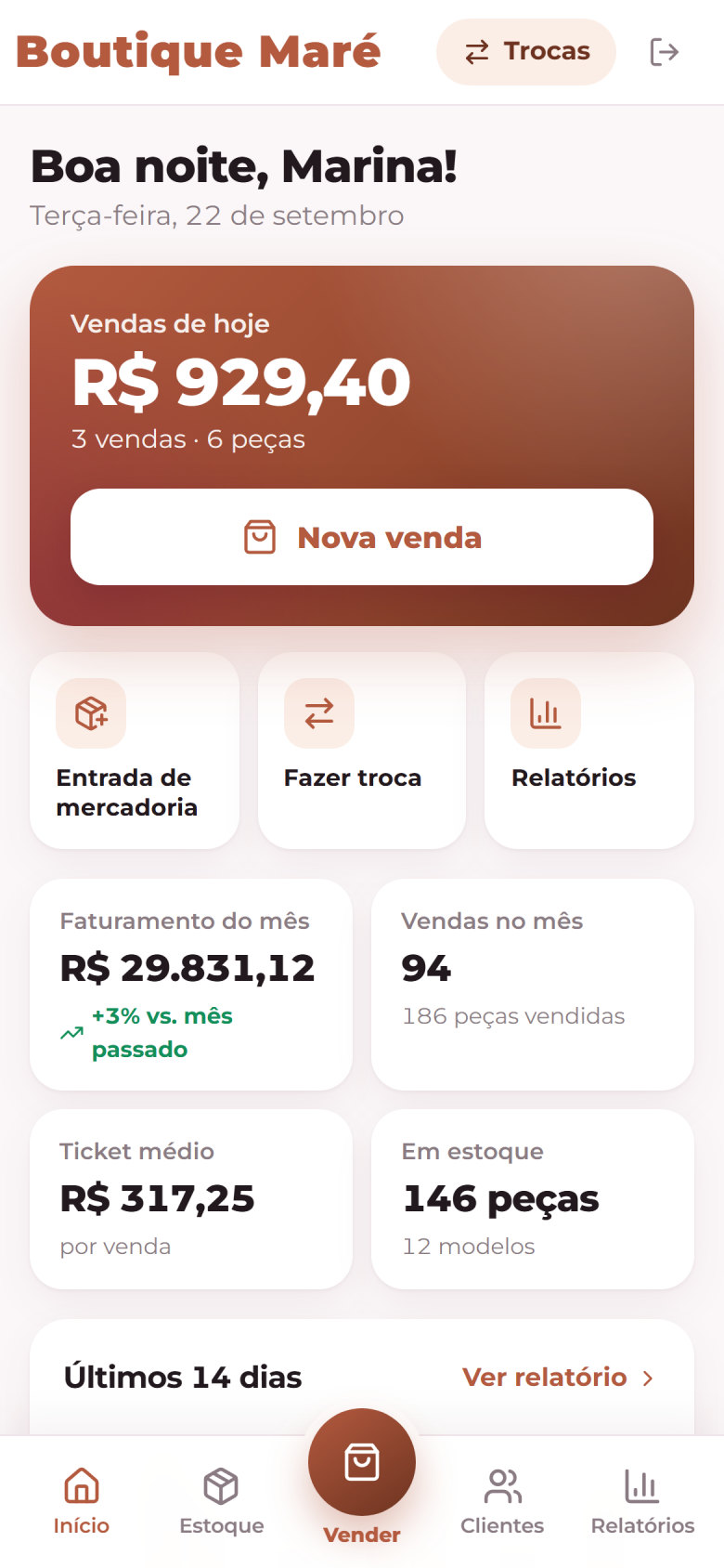 Tela inicial com vendas do dia
